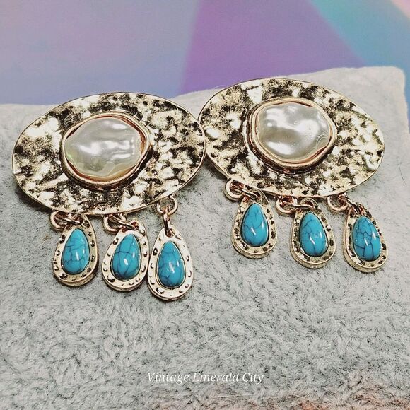 Rainy Cloud Faux Freshwater White Pearl W Blue Turquoise Rain Drops Gold Dangle - Picture 2 of 8